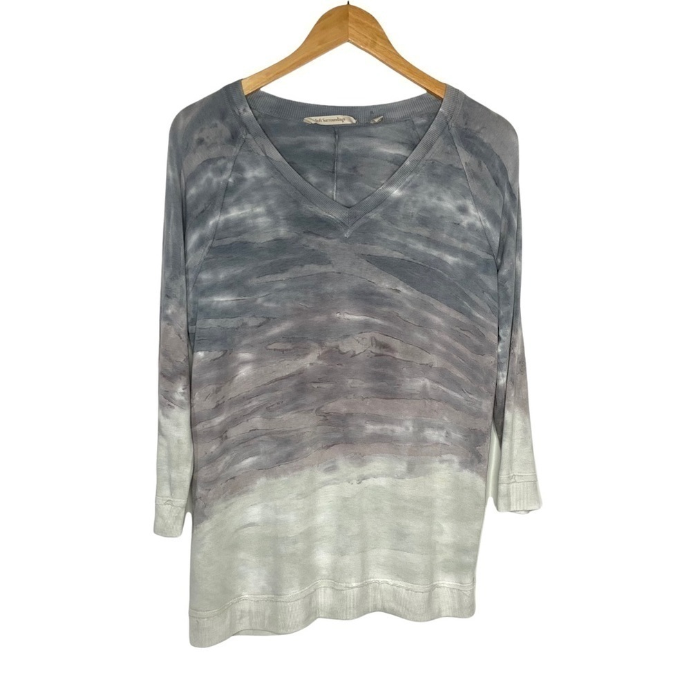 Soft Surroundings V-Neck Tie Dye Long Sleeve Sweater Petite Small Grey Blue Soft
